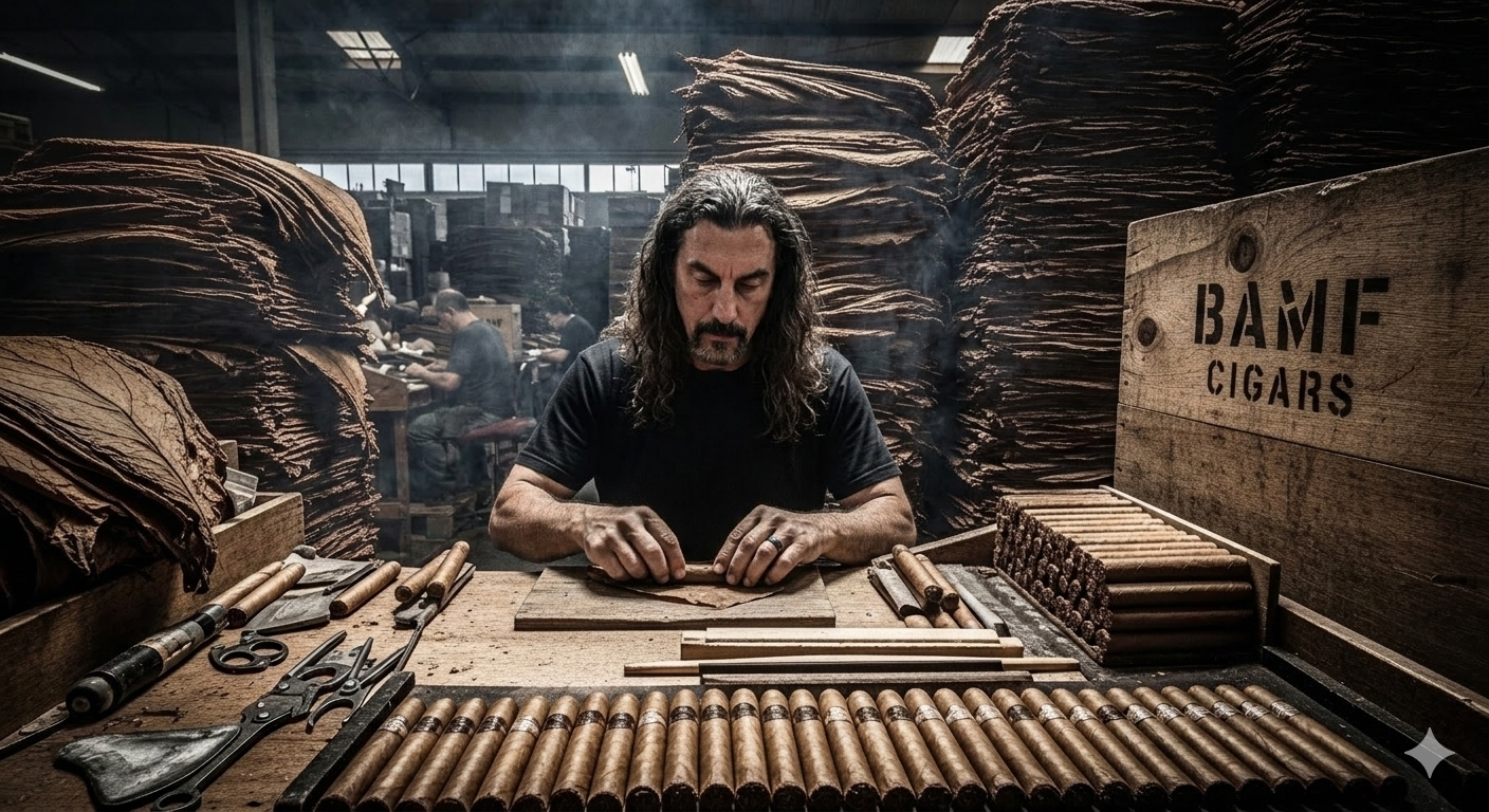 A BAMF Cigars roller at the bench, tobacco bales stacked behind